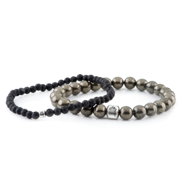 Kralen Armband Kurt - Grijs - 8mm Pyriet en 4mm Lava