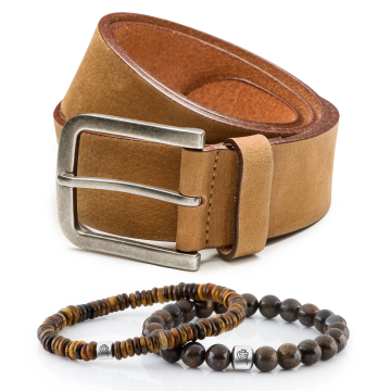 Kralen armband Kent & Leren riem Jaxx - Cognac