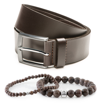 Kralen armband Bill & Leren riem Finn - Donkerbruin