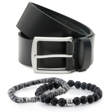 Combiset kralen armband Chase - Onesize & Leren riem Levi - 4cm breed - Zwart