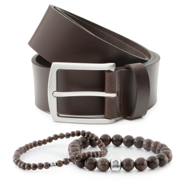 Combiset kralen armband Bill - Onesize & Leren riem Levi - 4cm breed - Donkerbruin