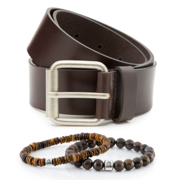 DTCH.FIT Kralen Armband Kent Cognac one size & Jeansriem Dean Donkerbruin - 4cm breed