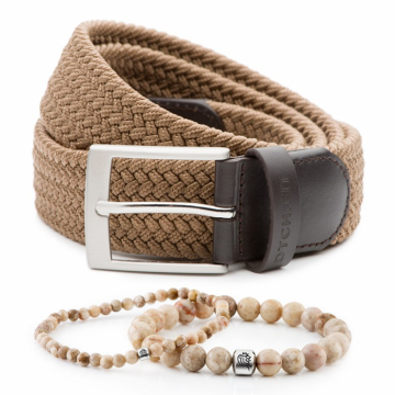 DTCH.FIT Kralen armband Sam - Taupe - one size & Elastische heren riem Mylo - Taupe - 3,5cm breed