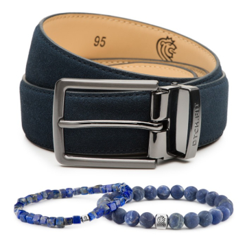 DTCH.FIT Suède riem Oliver Donkerblauw - verstelbare GunMetal gesp - 3,5cm breed & Kralen Armband Paul Blauw one size