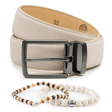 DTCH.FIT Suède riem Oliver Beige - verstelbare GunMetal gesp - 3,5cm breed & Kralen Armband Jack Beige one size