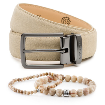 DTCH.FIT Suède riem Oliver Sand - verstelbare GunMetal gesp - 3,5cm breed & Kralen Armband Sam Taupe one size