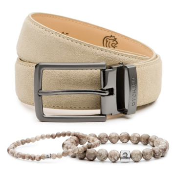 DTCH.FIT Suède riem Oliver Sand - verstelbare GunMetal gesp - 3,5cm breed & Kralen Armband Sam Taupe one size